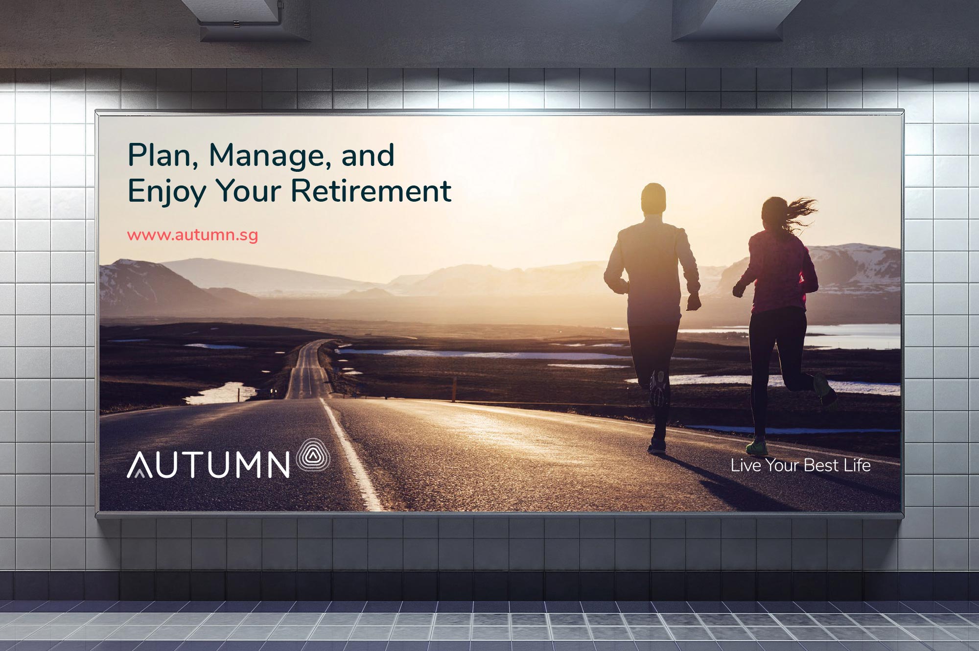 Autumn billboard advertising with runners at sunrise promoting retirement planning and wellness.