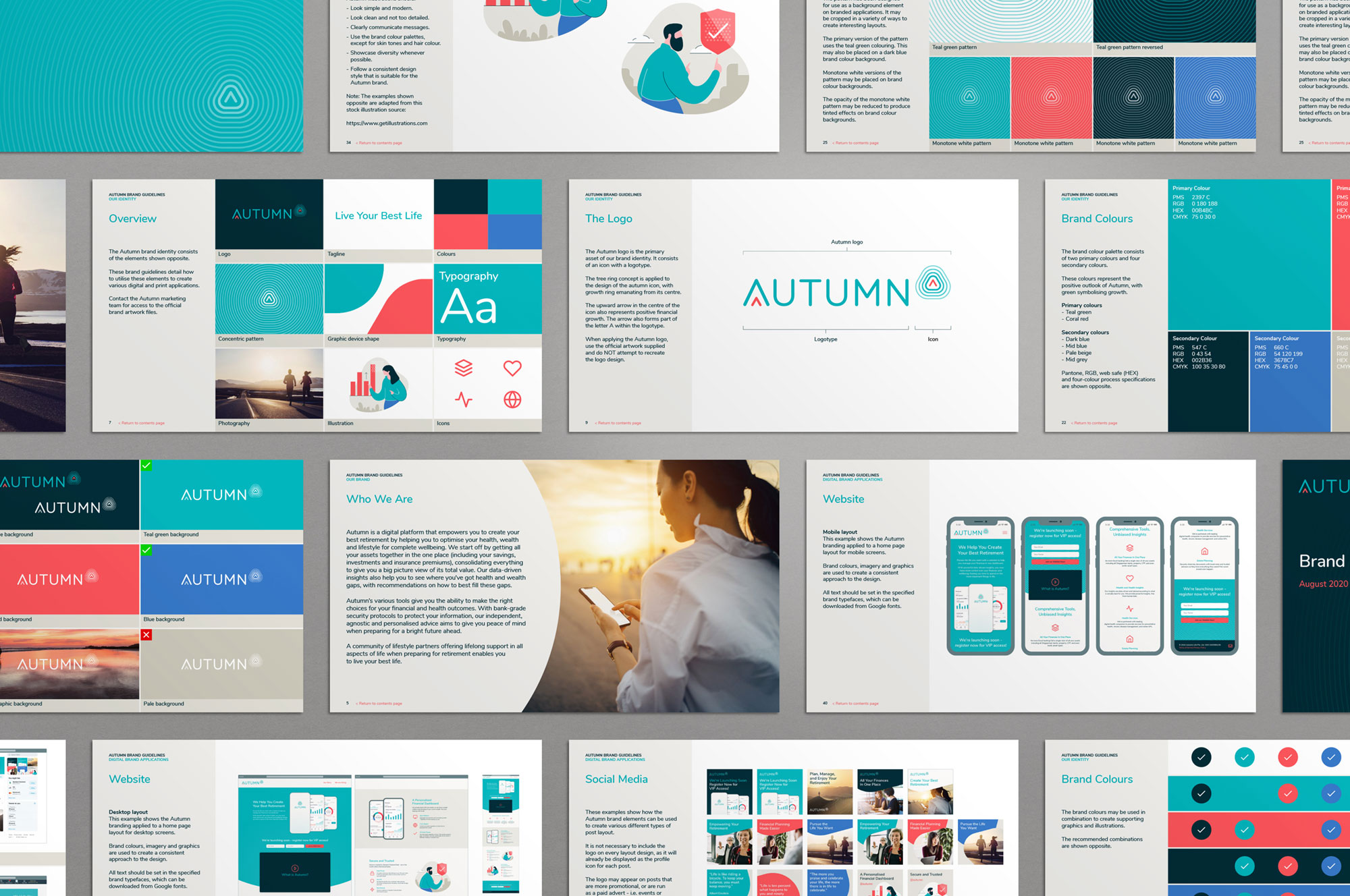 Autumn brand guidelines showing logo, colours, typography, patterns, icons, website and social media applications.