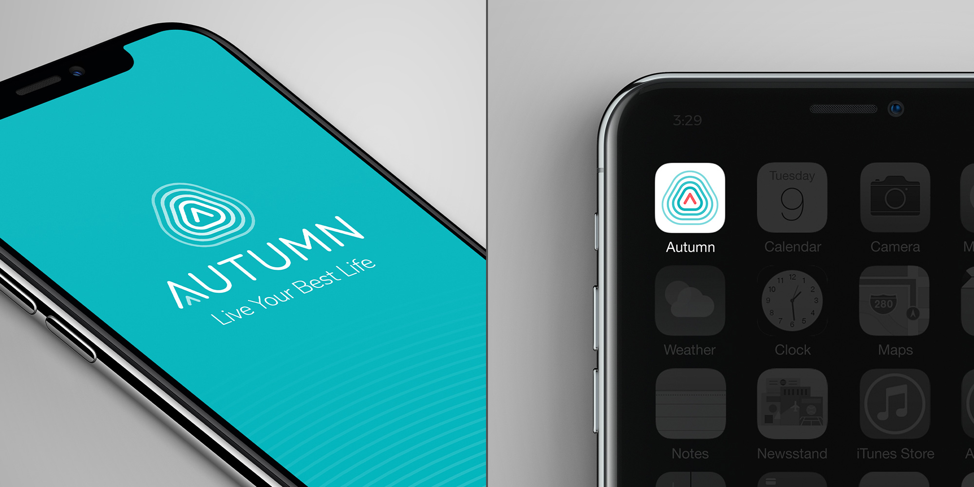 Autumn mobile app branding with turquoise splash screen and custom app icon.