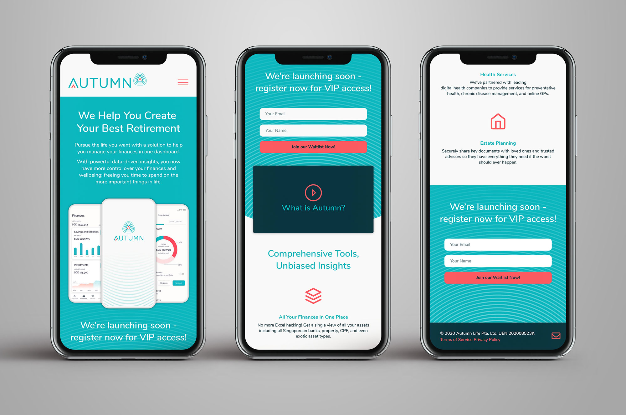 Autumn responsive website design mockups on three smartphones, featuring finance dashboard, VIP registration, and health and estate planning services.