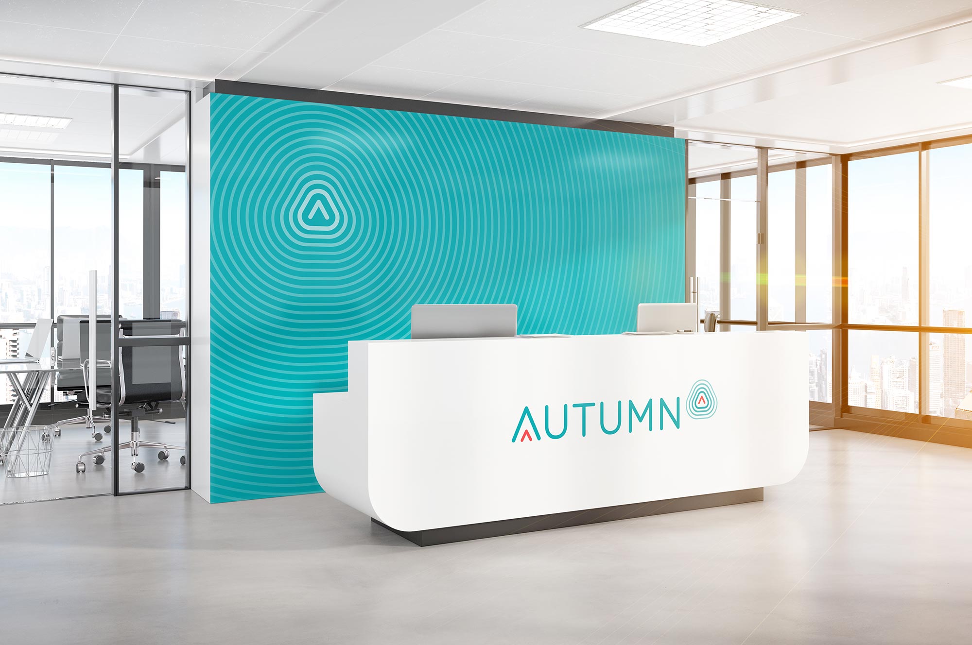 Autumn reception area branding with modern turquoise wall graphics and logo design by Brand New Day Asia.