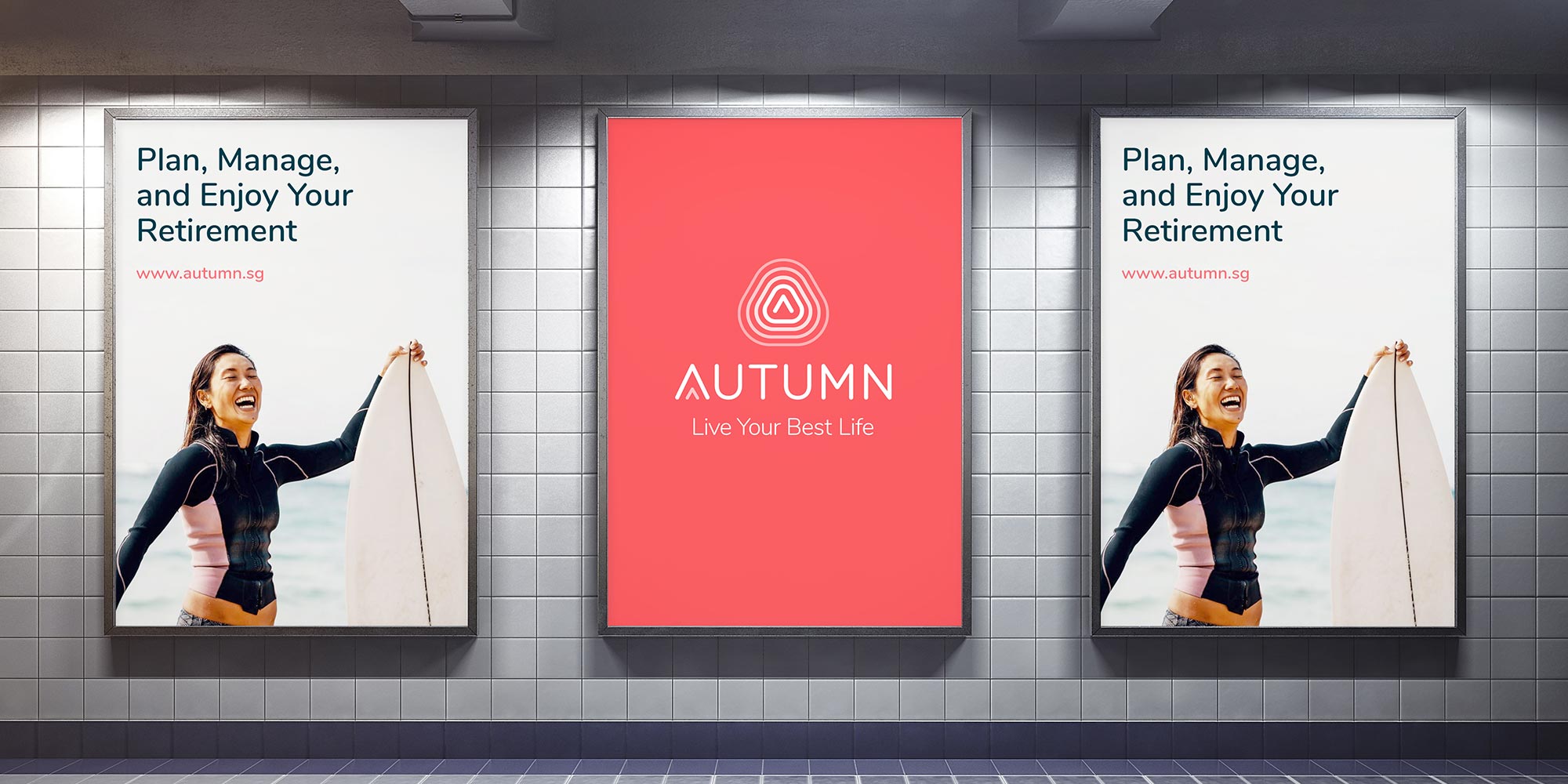 Autumn subway advertising posters promoting retirement planning with lifestyle photography and brand logo.