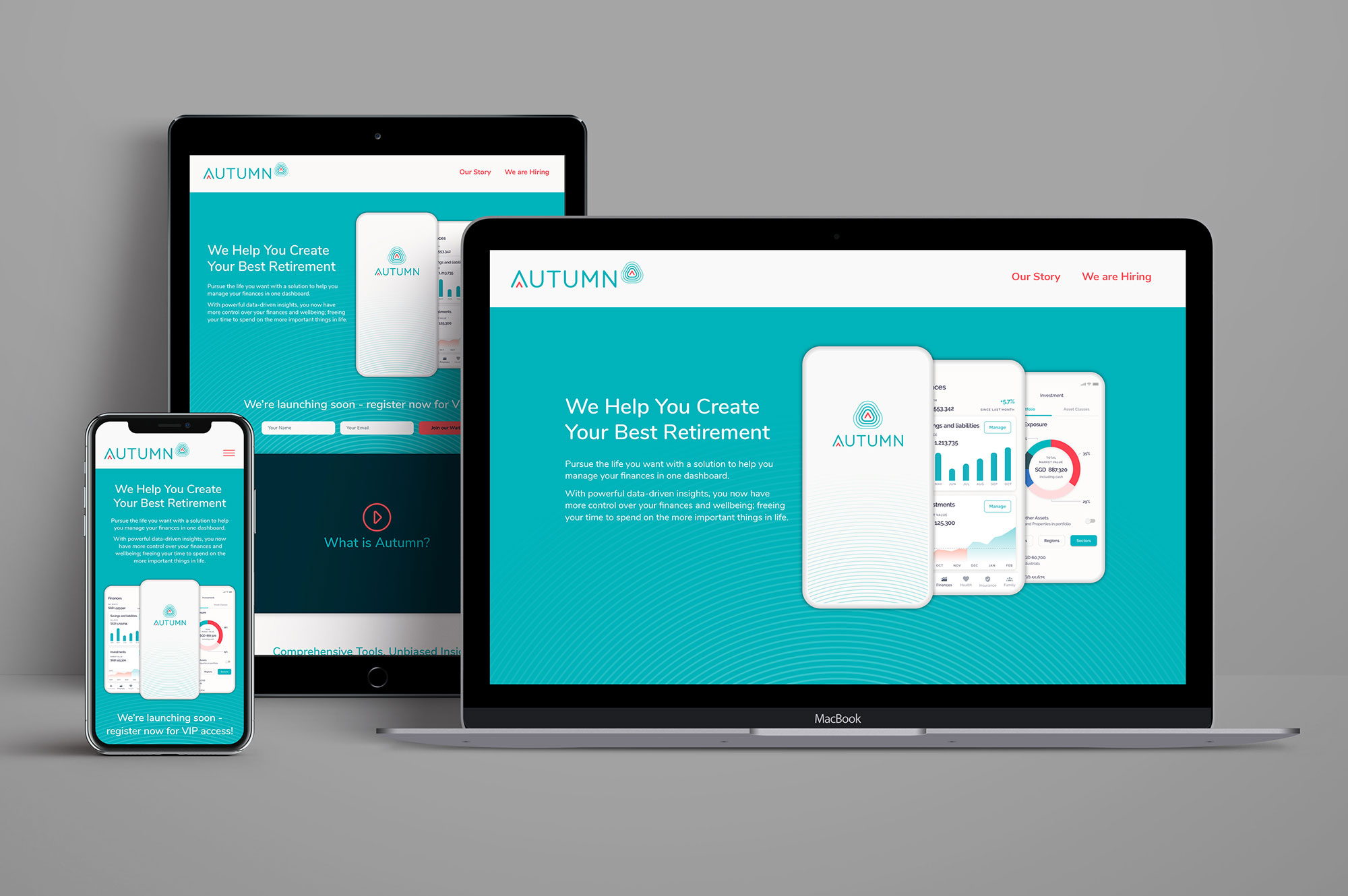 Autumn website landing page design showcasing retirement planning dashboard and brand identity.