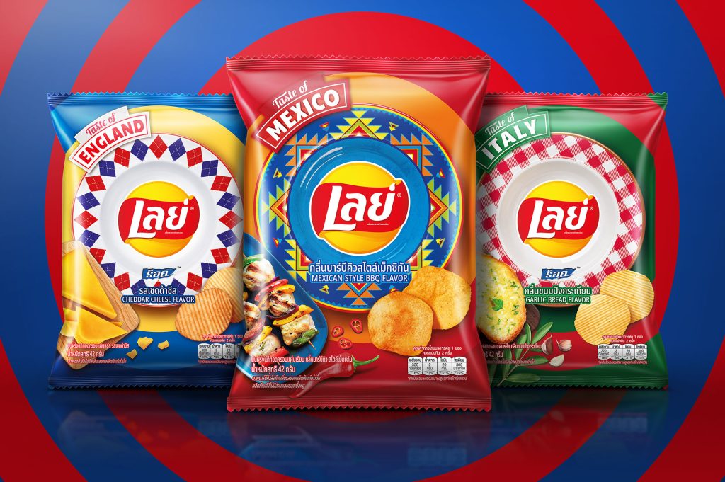 Lay’s Taste of the World packaging design by Brand New Day Asia, featuring Cheddar Cheese (England), Mexican BBQ (Mexico), and Garlic Bread (Italy) flavours.
