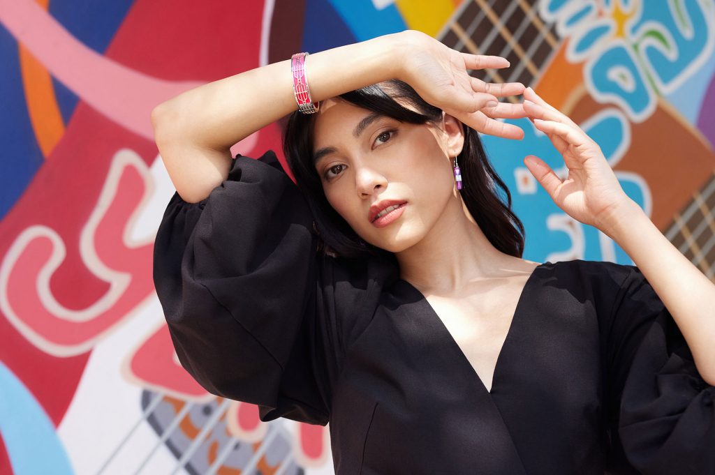 Model wearing Forbidden Hill jewellery showcasing contemporary Southeast Asian design
