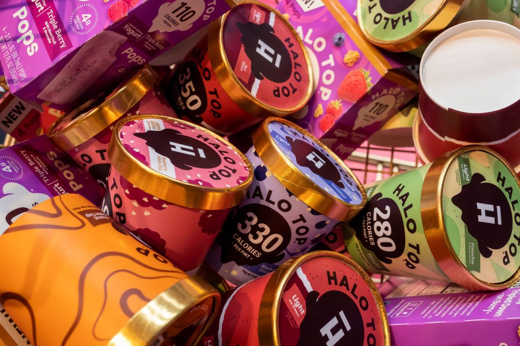 Halo Top ice cream packaging redesign featuring prominent calorie counts and colourful product packaging