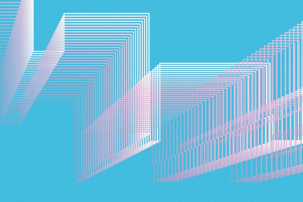 Abstract brand infrastructure formed from interconnected geometric lines on a blue background.
